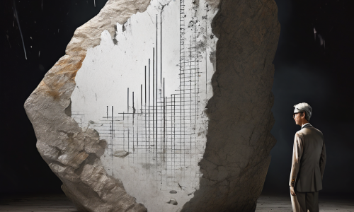 거대한 붕괴하는 돌 주사위가 작고 완벽한 표본 데이터 그래프를 바라보는 사람을 압도하는 모습으로 데이터 분석의 압박감과 현실적 한계를 상징적으로 표현합니다.