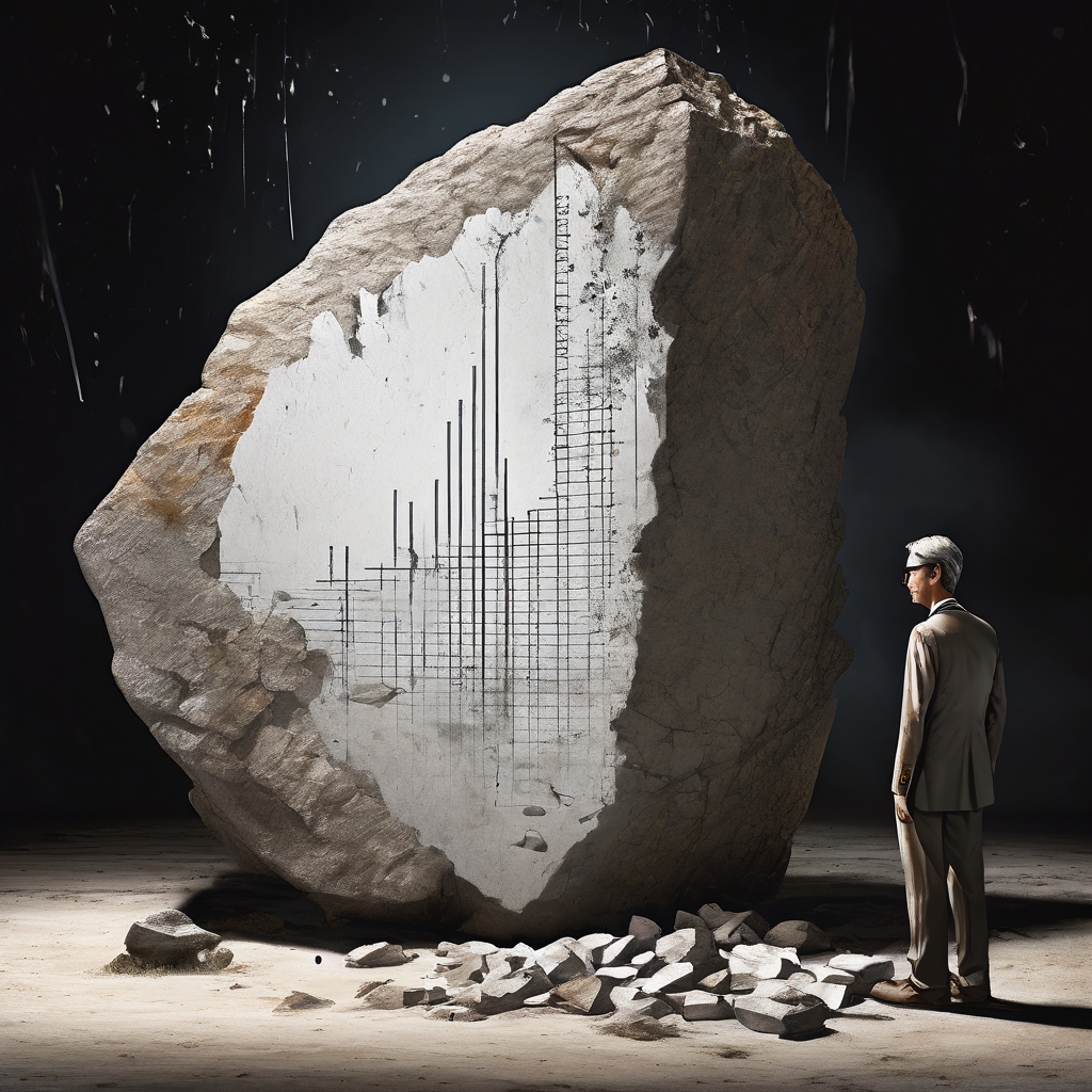 거대한 붕괴하는 돌 주사위가 작고 완벽한 표본 데이터 그래프를 바라보는 사람을 압도하는 모습으로 데이터 분석의 압박감과 현실적 한계를 상징적으로 표현합니다.
