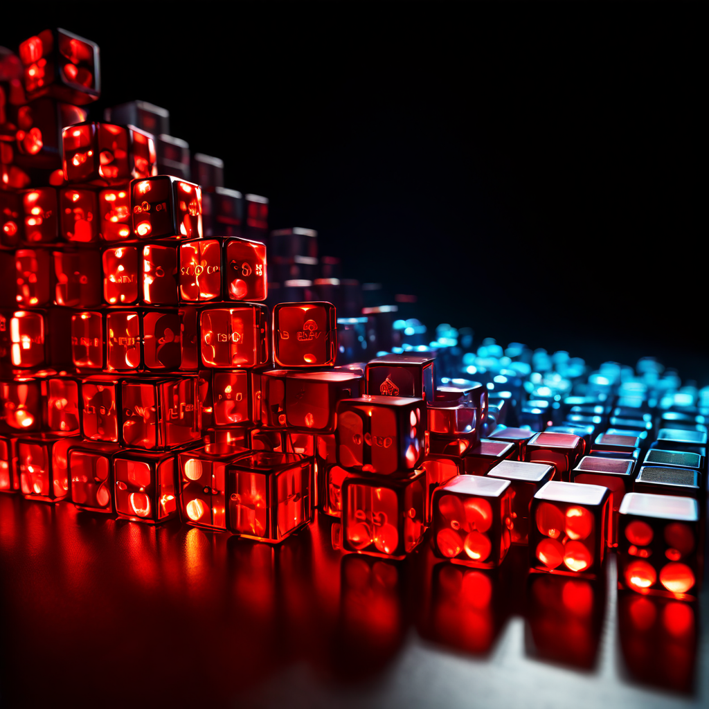 공중에서 무작위로 흩어지는 600개의 주사위가 질서 있는 막대그래프로 변환되며 확률과 통계의 균등한 결과 분포를 시각적으로 표현한 이미지입니다.