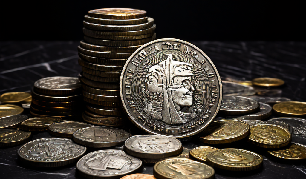 새로운 동전 앞면 결과와 방치된 동일한 과거 동전 더미가 대비를 이루며 확률과 통계의 무작위성을 암시하는 이미지입니다.