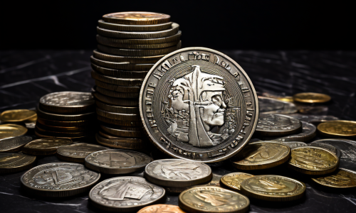 새로운 동전 앞면 결과와 방치된 동일한 과거 동전 더미가 대비를 이루며 확률과 통계의 무작위성을 암시하는 이미지입니다.