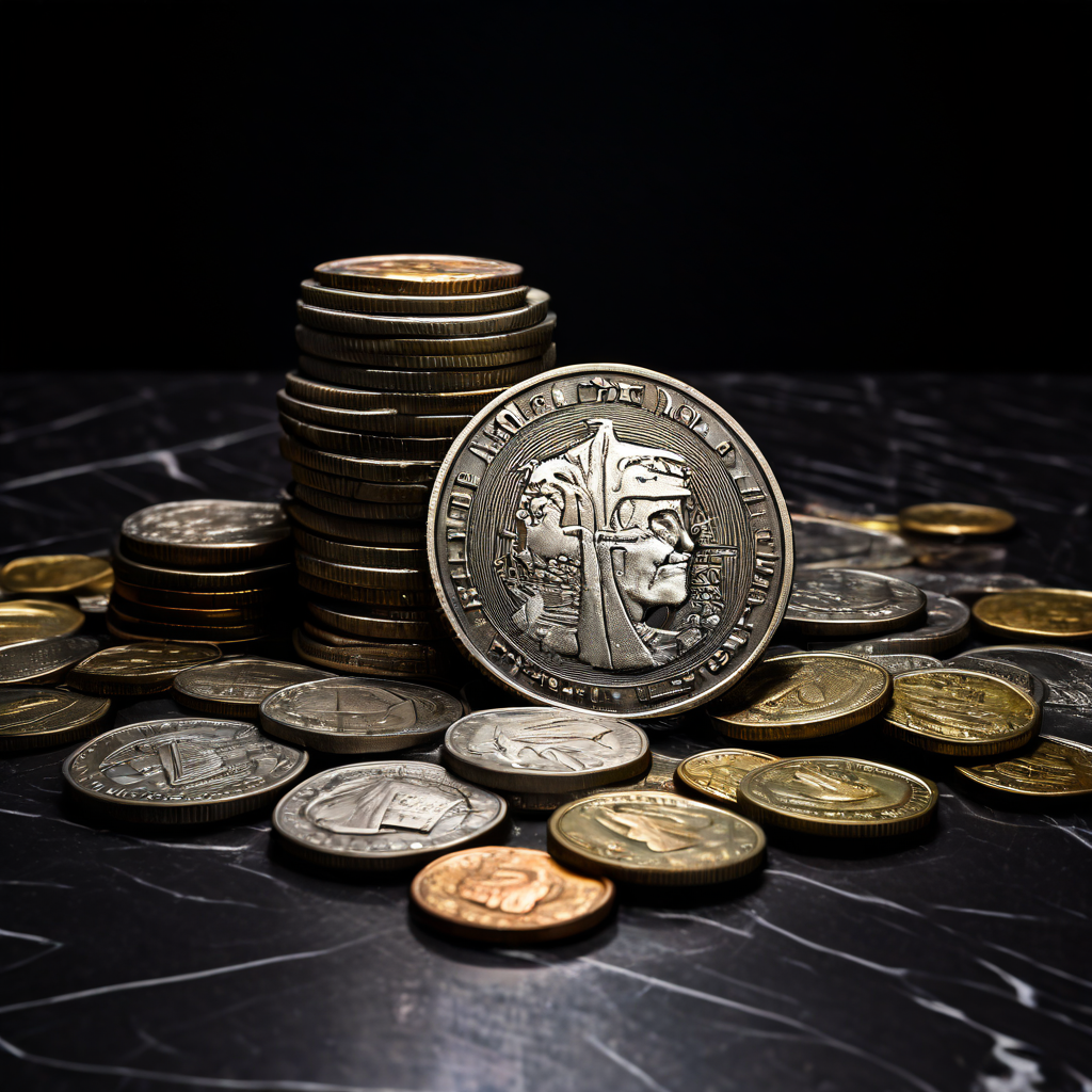 새로운 동전 앞면 결과와 방치된 동일한 과거 동전 더미가 대비를 이루며 확률과 통계의 무작위성을 암시하는 이미지입니다.