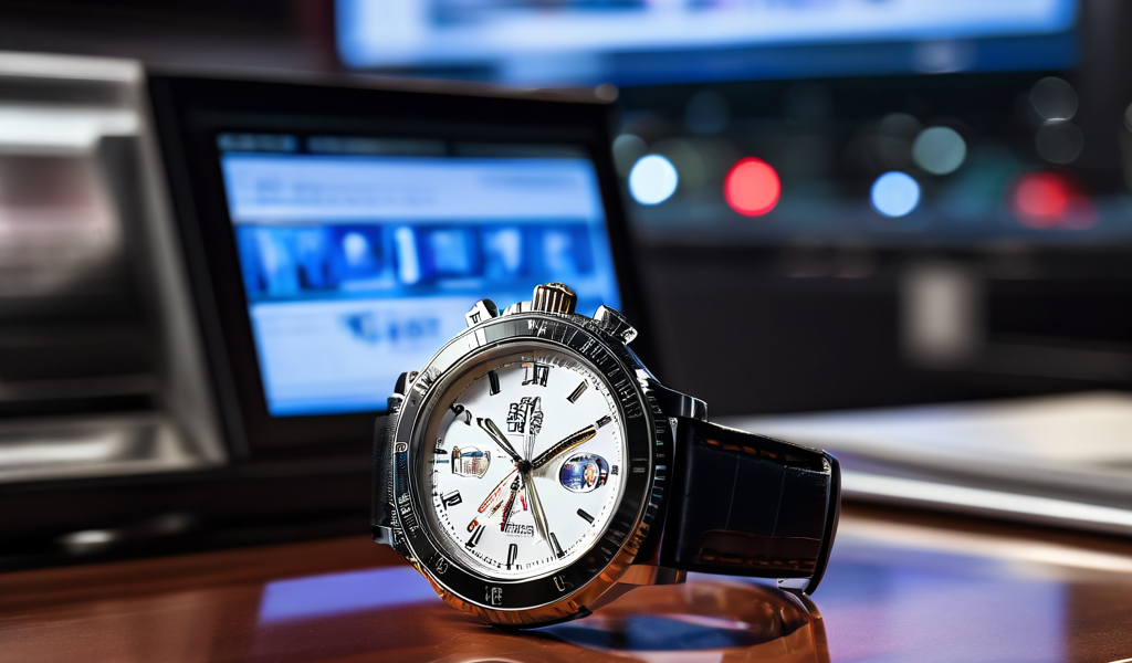 뉴스 앵커 책상 위에 놓인 손목시계의 클로즈업으로, 배경의 생방송 화면에는 시계와 미묘하게 다른 시간이 표시되어 시각적 긴장감을 조성합니다.