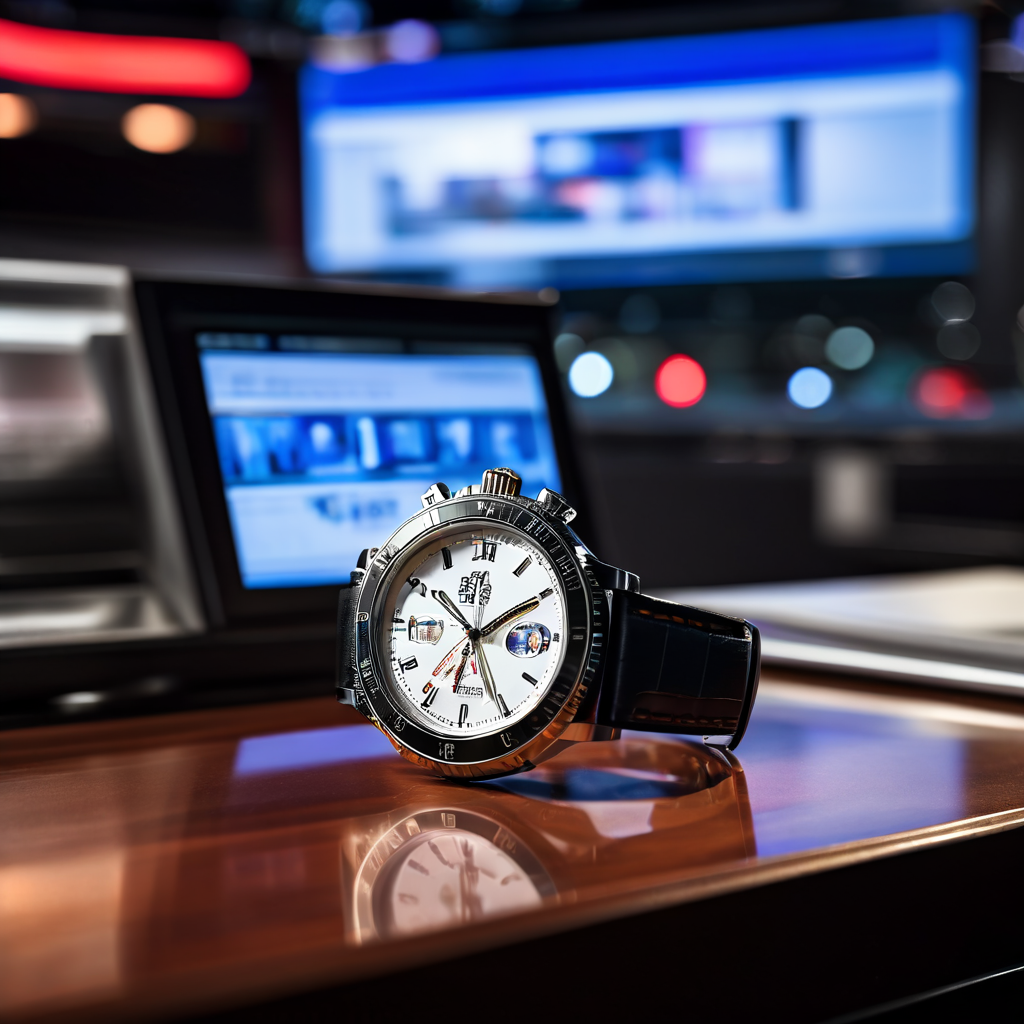 뉴스 앵커 책상 위에 놓인 손목시계의 클로즈업으로, 배경의 생방송 화면에는 시계와 미묘하게 다른 시간이 표시되어 시각적 긴장감을 조성합니다.