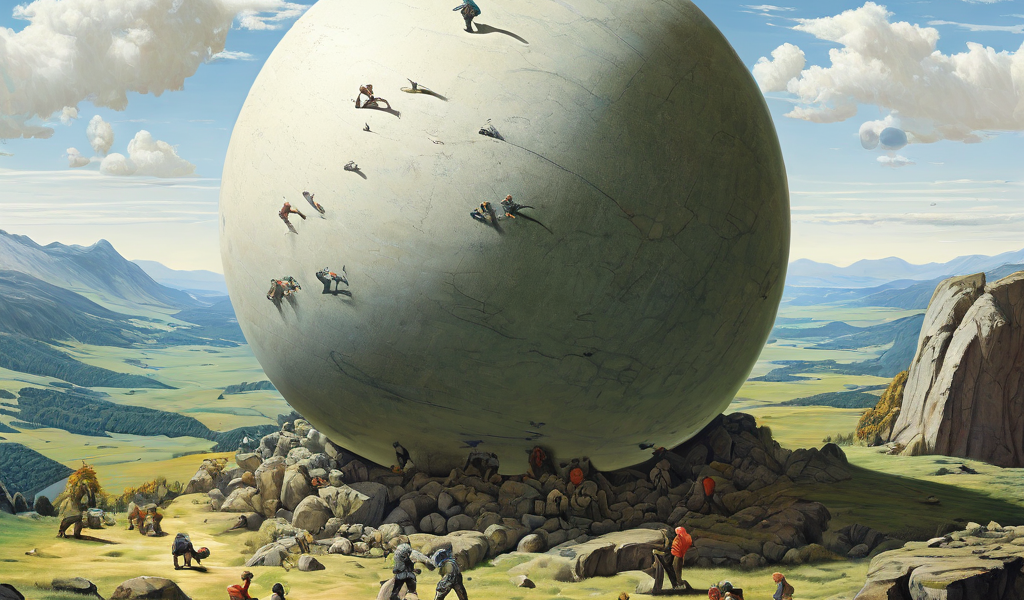 거대한 돌 구름을 미동도 없이 밀어내려 애쓰는 작은 인물들의 모습이 시사하는 무거운 현실과의 투쟁을 상징적으로 표현한 이미지입니다.