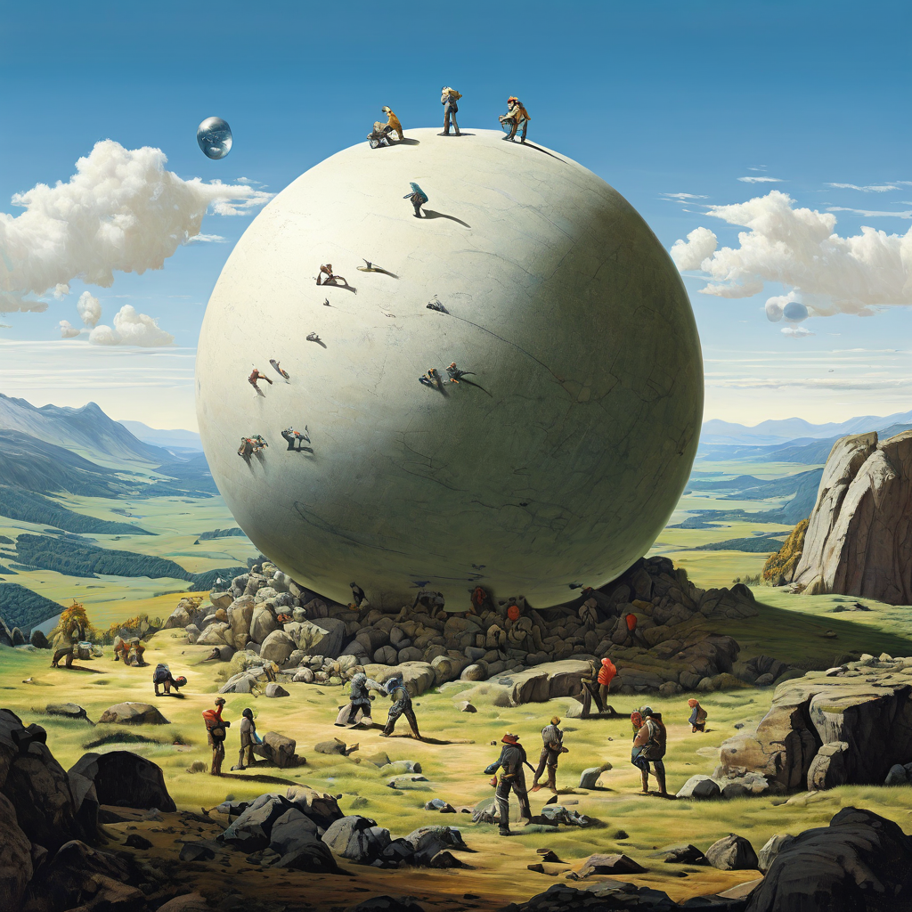 거대한 돌 구름을 미동도 없이 밀어내려 애쓰는 작은 인물들의 모습이 시사하는 무거운 현실과의 투쟁을 상징적으로 표현한 이미지입니다.