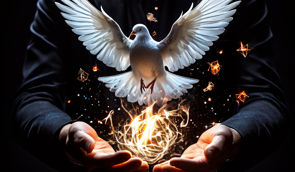 마술사의 손짓으로 뇌 형태의 환상이 펼쳐지며, 플레잉 카드와 비둘기가 신경 회로와 불꽃으로 변환되는 창의성과 마법의 순간을 상징적으로 표현한 이미지입니다.
