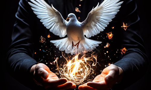 마술사의 손짓으로 뇌 형태의 환상이 펼쳐지며, 플레잉 카드와 비둘기가 신경 회로와 불꽃으로 변환되는 창의성과 마법의 순간을 상징적으로 표현한 이미지입니다.