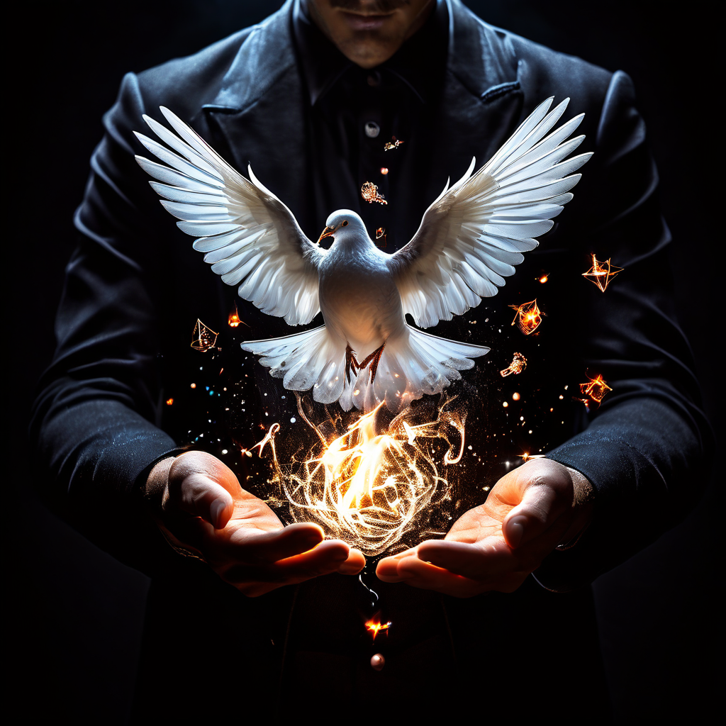 마술사의 손짓으로 뇌 형태의 환상이 펼쳐지며, 플레잉 카드와 비둘기가 신경 회로와 불꽃으로 변환되는 창의성과 마법의 순간을 상징적으로 표현한 이미지입니다.
