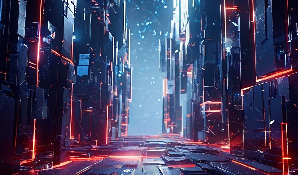 CG와 편집의 양날의 검처럼 영화적 시간과 공간을 해체하여 추상적인 디지털 파편으로 변환하는 현대 영화 미학을 상징적으로 표현한 이미지입니다.