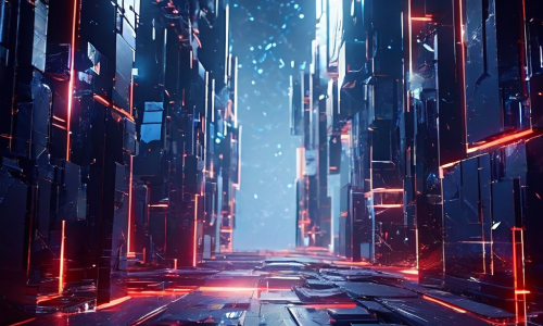 CG와 편집의 양날의 검처럼 영화적 시간과 공간을 해체하여 추상적인 디지털 파편으로 변환하는 현대 영화 미학을 상징적으로 표현한 이미지입니다.