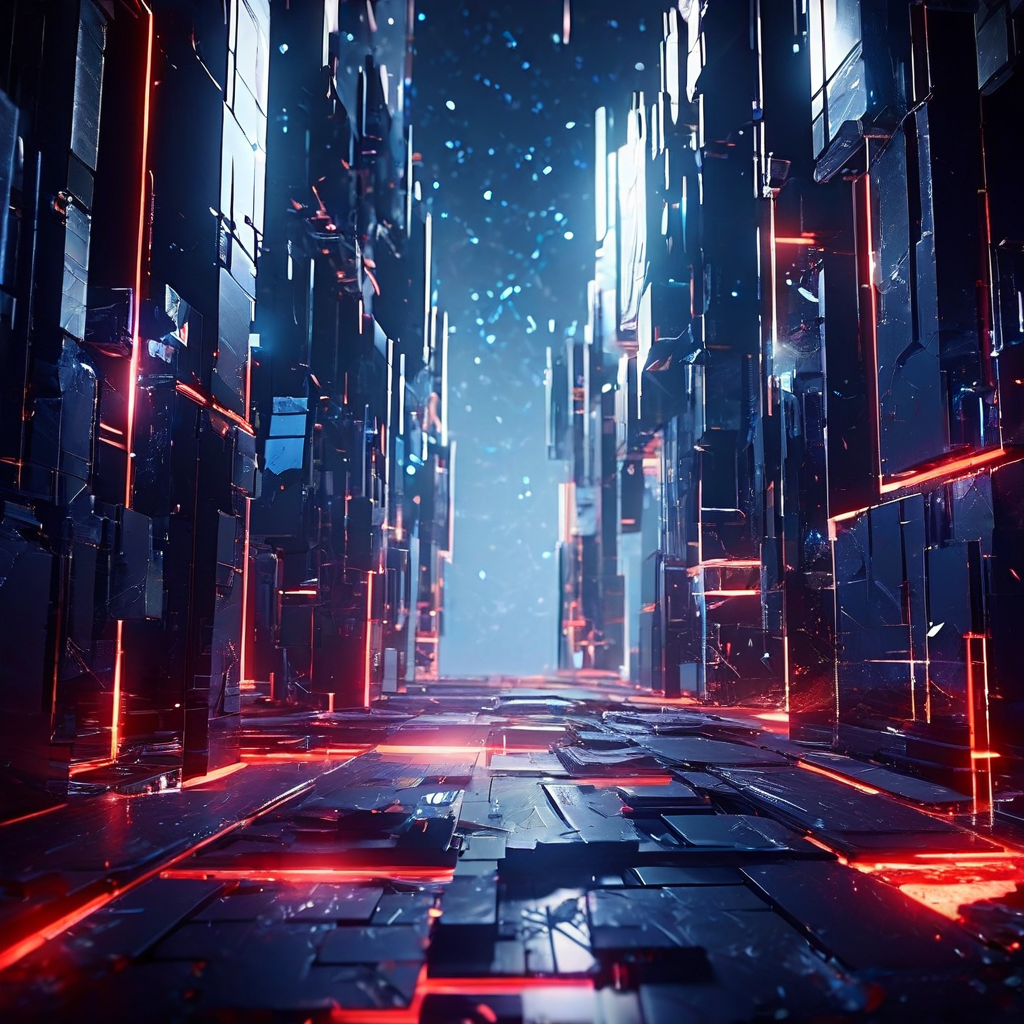 CG와 편집의 양날의 검처럼 영화적 시간과 공간을 해체하여 추상적인 디지털 파편으로 변환하는 현대 영화 미학을 상징적으로 표현한 이미지입니다.