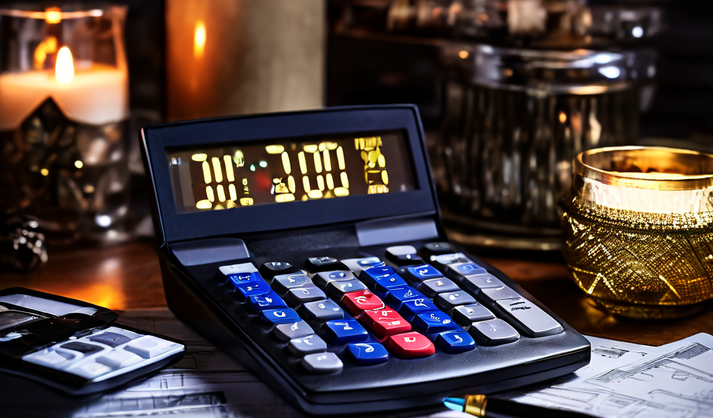 번잡한 고급 사무용품과 재무 서류가 놓인 책상 위에서 순 급여 금액을 표시하며 밝게 빛나는 계산기 이미지입니다.