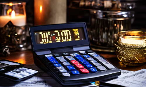 번잡한 고급 사무용품과 재무 서류가 놓인 책상 위에서 순 급여 금액을 표시하며 밝게 빛나는 계산기 이미지입니다.