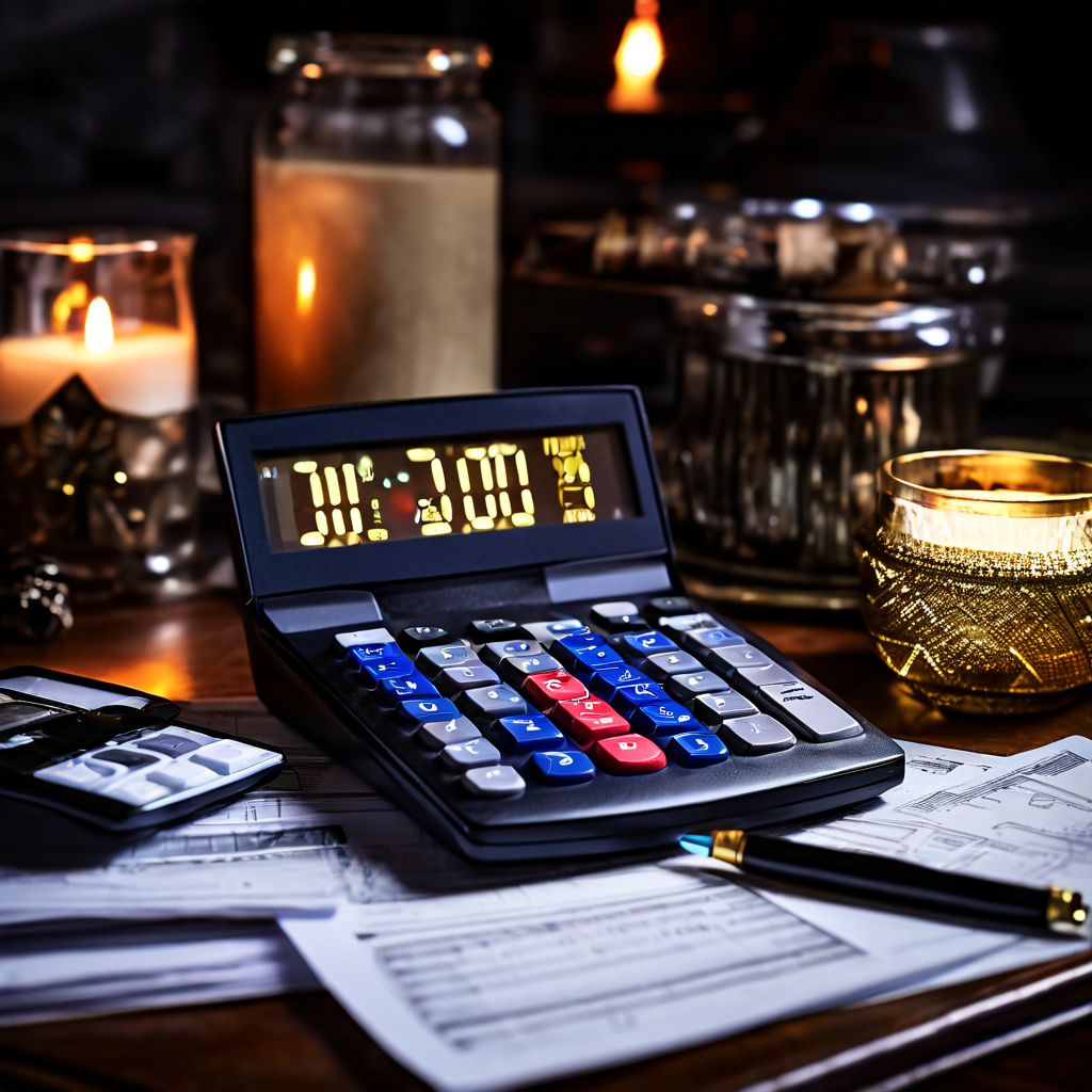 번잡한 고급 사무용품과 재무 서류가 놓인 책상 위에서 순 급여 금액을 표시하며 밝게 빛나는 계산기 이미지입니다.