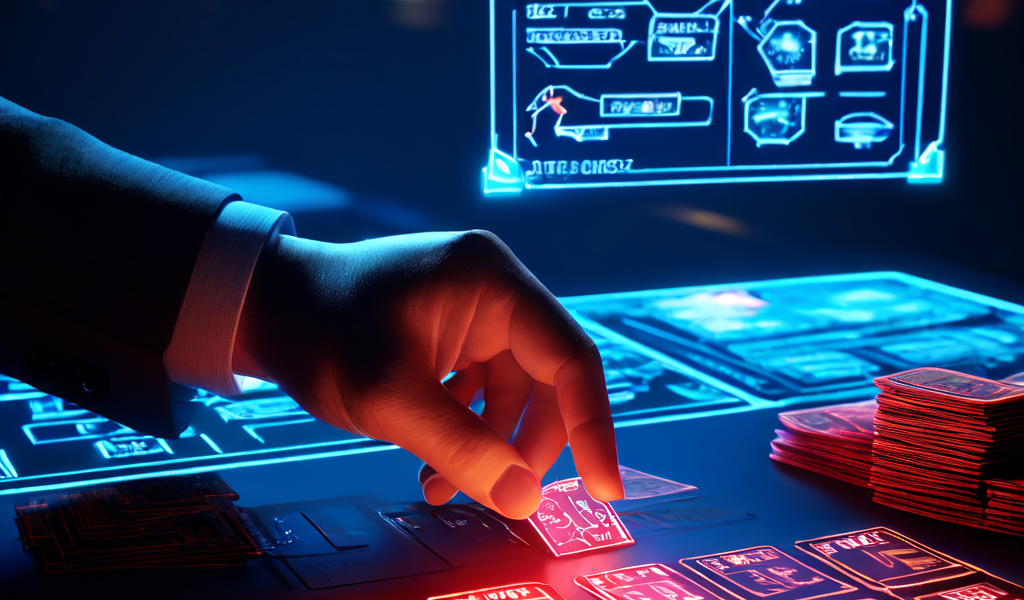 카드 기술의 정점인 바텀 딜 기법을 수행하는 도박꾼의 손과 그 위에 투영된 전략 다이어그램, 위험 평가 차트가 포커 게임의 심리적 긴장감과 과학적 분석을 동시에 보여주는 장면입니다.