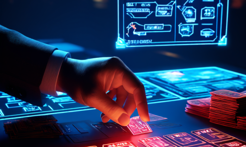 카드 기술의 정점인 바텀 딜 기법을 수행하는 도박꾼의 손과 그 위에 투영된 전략 다이어그램, 위험 평가 차트가 포커 게임의 심리적 긴장감과 과학적 분석을 동시에 보여주는 장면입니다.