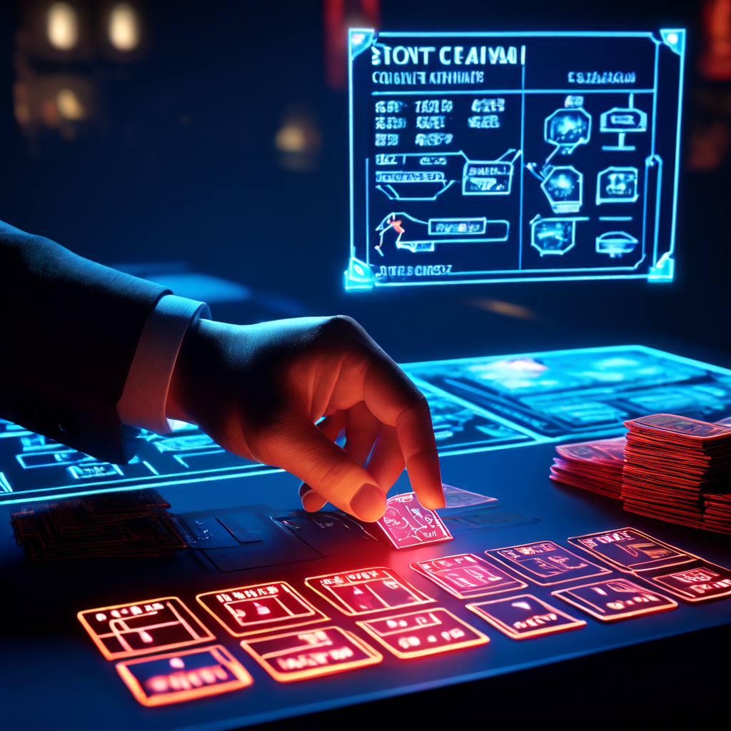 카드 기술의 정점인 바텀 딜 기법을 수행하는 도박꾼의 손과 그 위에 투영된 전략 다이어그램, 위험 평가 차트가 포커 게임의 심리적 긴장감과 과학적 분석을 동시에 보여주는 장면입니다.