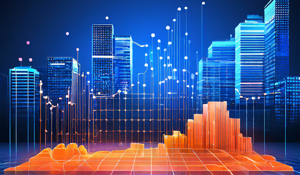 두 회사 건물 사이를 오가는 블록체인 데이터 흐름과 함께 정체기에 접어든 그래프가 표현되어, 에이전시 파트너십의 효율성 한계를 시각적으로 보여주는 이미지입니다.