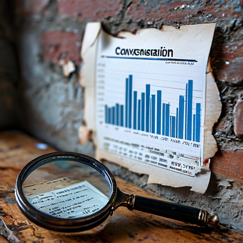 전환율을 높이기 위해 공개 데이터 차트를 확대경으로 분석하며, 무너져가는 전환 장벽 옆에 위치한 단순한 회원가입 버튼의 중요성을 강조하는 개념적 이미지입니다.