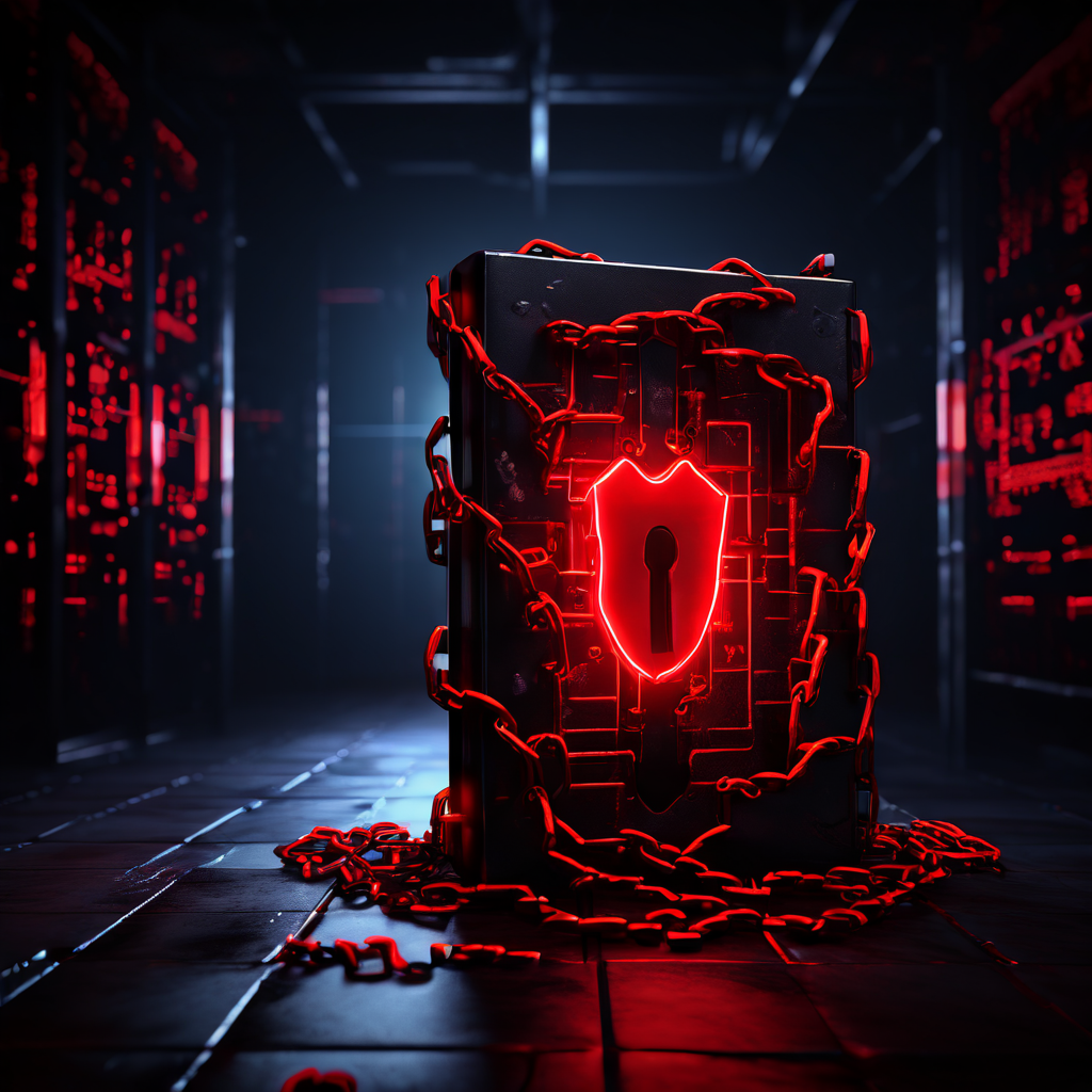 세션 인증 실패를 의미하는 붉은색으로 빛나는 끊어진 체인과 디지털 자물쇠가 서버 보안의 중요성을 강조하며 어두운 서버실 배경에 표현된 이미지입니다.