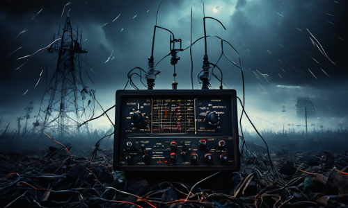 오래된 라디오 수신기에서 정전기와 간섭 주파수의 혼란 속에 가려져 있는 미약한 단일 라디오 신호를 묘사한 이미지입니다.