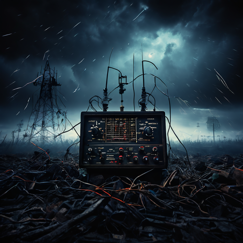 오래된 라디오 수신기에서 정전기와 간섭 주파수의 혼란 속에 가려져 있는 미약한 단일 라디오 신호를 묘사한 이미지입니다.