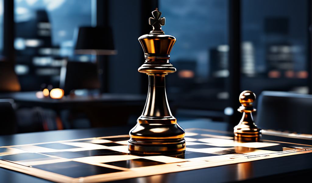 B2B 계약서 위에 놓인 체스 말이 세련된 미니멀리스트 회의실의 독점 테이블을 통제하는 모습으로, 전략적 관점과 집중된 조명을 통해 비즈니스 협상의 주도권을 시각화한 이미지입니다.