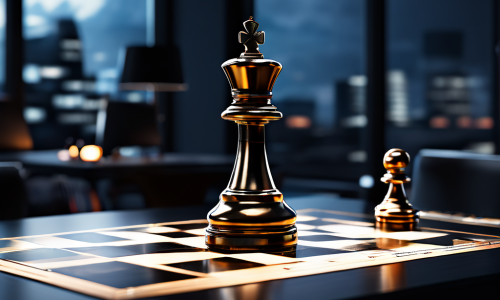 B2B 계약서 위에 놓인 체스 말이 세련된 미니멀리스트 회의실의 독점 테이블을 통제하는 모습으로, 전략적 관점과 집중된 조명을 통해 비즈니스 협상의 주도권을 시각화한 이미지입니다.