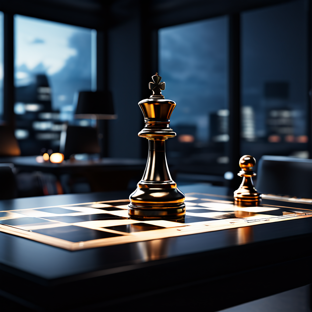 B2B 계약서 위에 놓인 체스 말이 세련된 미니멀리스트 회의실의 독점 테이블을 통제하는 모습으로, 전략적 관점과 집중된 조명을 통해 비즈니스 협상의 주도권을 시각화한 이미지입니다.